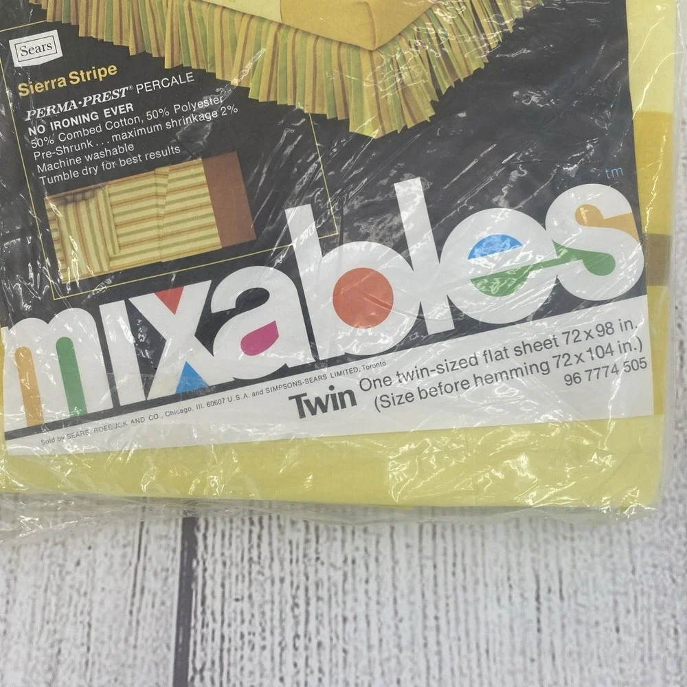 Sears Mixables Twin Flat Sheet Sierra Stripe Yellow Green Percale Vintage 70s